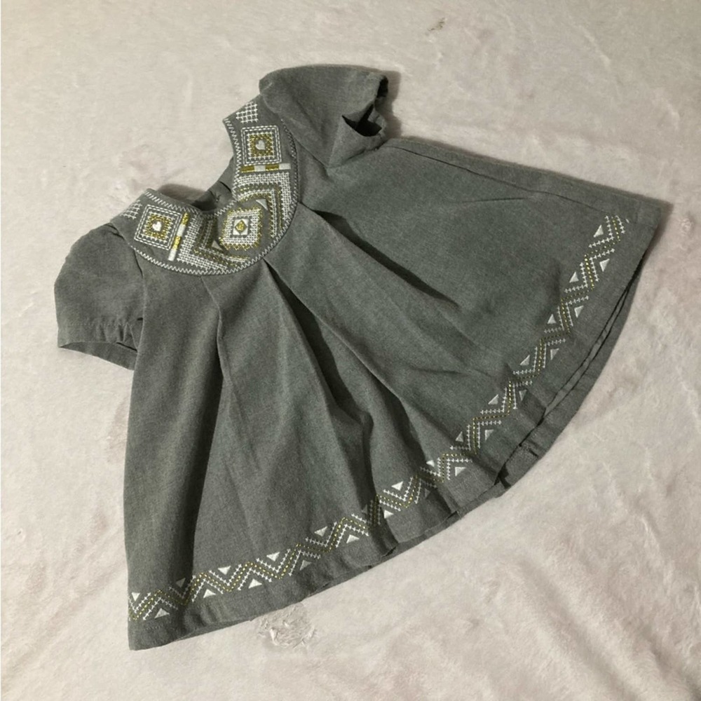 Tahari Grey Baby Girl Button Back Embroidered Dress - Size 6M-9M